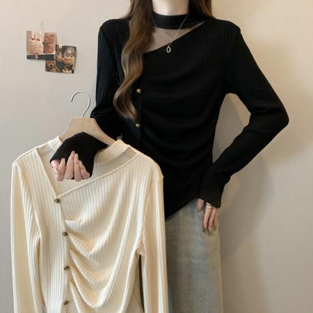 大码胖MM甜辣挂脖拼接纱网纱设计感独特的特别致不规则内搭上衣  服裝批發女裝批發服飾貨源