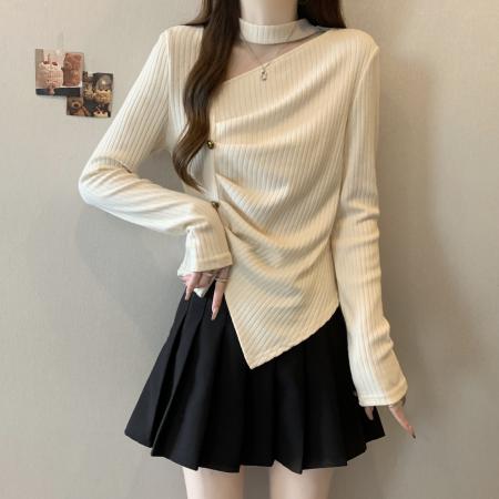 大码胖MM甜辣挂脖拼接纱网纱设计感独特的特别致不规则内搭上衣  服裝批發女裝批發服飾貨源