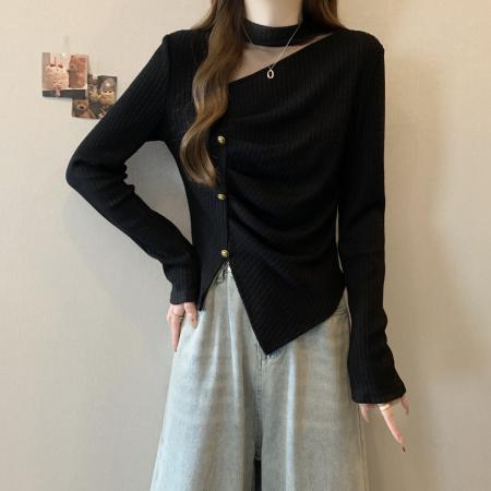 大码胖MM甜辣挂脖拼接纱网纱设计感独特的特别致不规则内搭上衣  服裝批發女裝批發服飾貨源