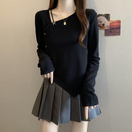 大码秋季新款胖MM斜领不规则设计感遮肉显瘦正肩短款上衣女  服裝批發女裝批發服飾貨源