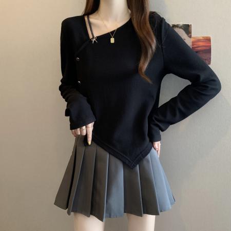 大码秋季新款胖MM斜领不规则设计感遮肉显瘦正肩短款上衣女  服裝批發女裝批發服飾貨源