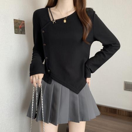 大码秋季新款胖MM斜领不规则设计感遮肉显瘦正肩短款上衣女  服裝批發女裝批發服飾貨源