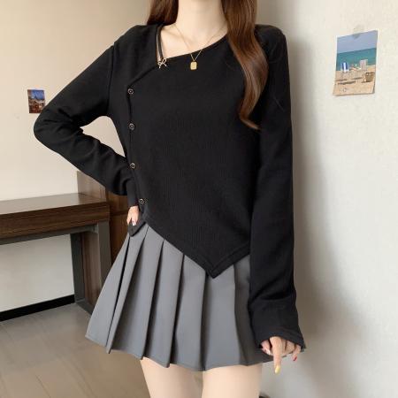 大码秋季新款胖MM斜领不规则设计感遮肉显瘦正肩短款上衣女  服裝批發女裝批發服飾貨源