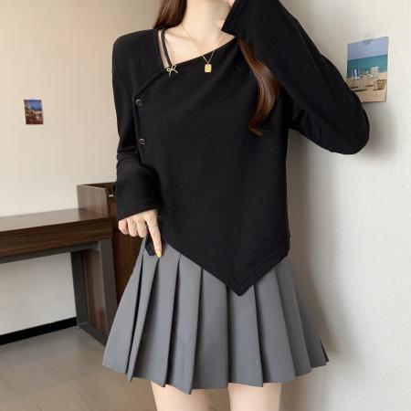 大码秋季新款胖MM斜领不规则设计感遮肉显瘦正肩短款上衣女  服裝批發女裝批發服飾貨源