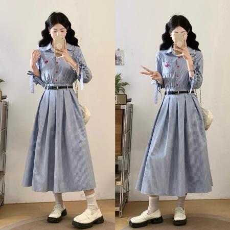 新款学院风条纹百搭显瘦文艺复古收腰大码衬衫连衣裙  服裝批發女裝批發服飾貨源