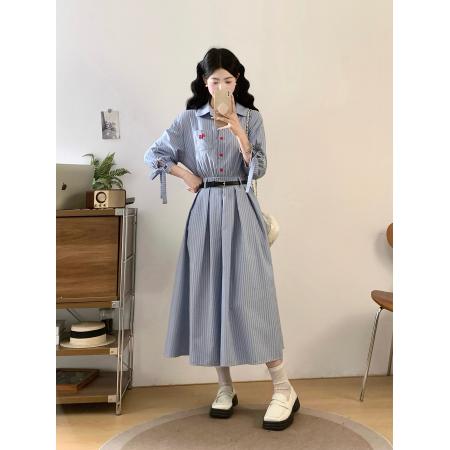 新款学院风条纹百搭显瘦文艺复古收腰大码衬衫连衣裙  服裝批發女裝批發服飾貨源