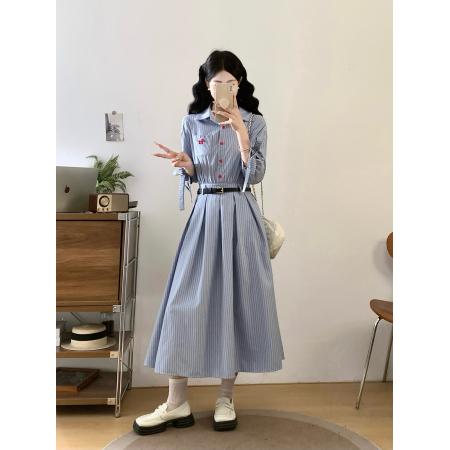 新款学院风条纹百搭显瘦文艺复古收腰大码衬衫连衣裙  服裝批發女裝批發服飾貨源