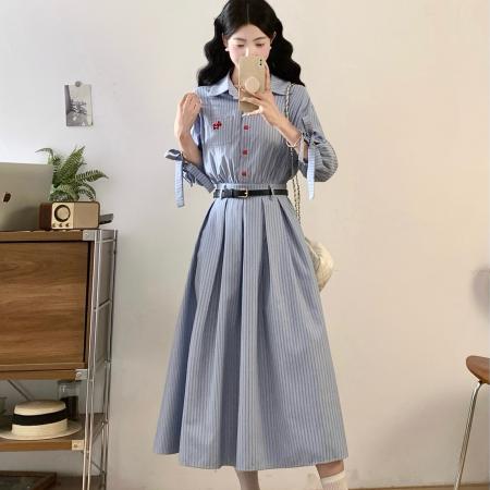 新款学院风条纹百搭显瘦文艺复古收腰大码衬衫连衣裙  服裝批發女裝批發服飾貨源