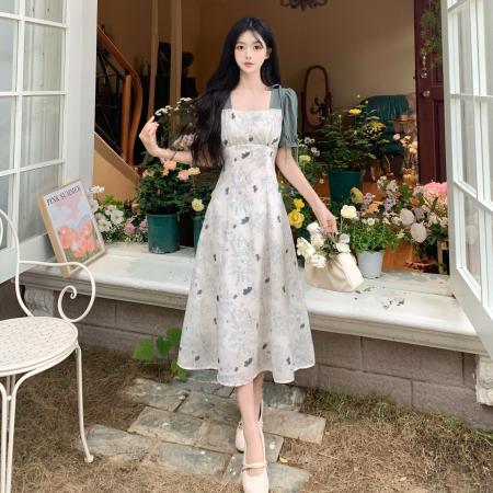 大码女装复古文艺碎花连衣裙气质拼接法式温柔裙子  服裝批發女裝批發服飾貨源