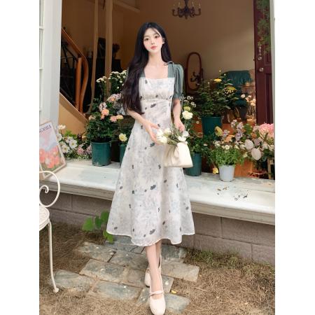 大码女装复古文艺碎花连衣裙气质拼接法式温柔裙子  服裝批發女裝批發服飾貨源