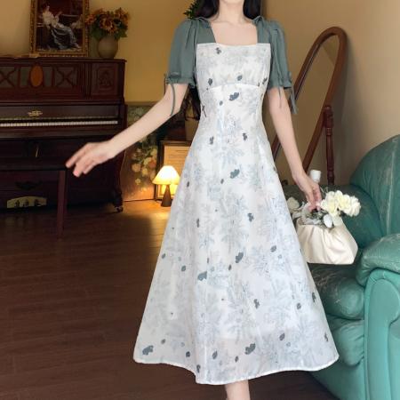 大码女装复古文艺碎花连衣裙气质拼接法式温柔裙子  服裝批發女裝批發服飾貨源