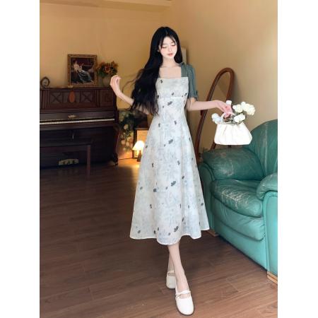 大码女装复古文艺碎花连衣裙气质拼接法式温柔裙子  服裝批發女裝批發服飾貨源