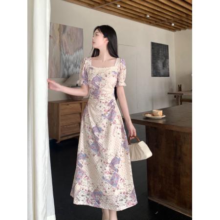 大码女装碎花蕾丝收腰连衣裙夏法式高级感轻奢长裙  服裝批發女裝批發服飾貨源