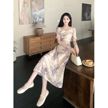 大码女装碎花蕾丝收腰连衣裙夏法式高级感轻奢长裙  服裝批發女裝批發服飾貨源