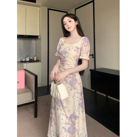 大码女装碎花蕾丝收腰连衣裙夏法式高级感轻奢长裙  服裝批發女裝批發服飾貨源