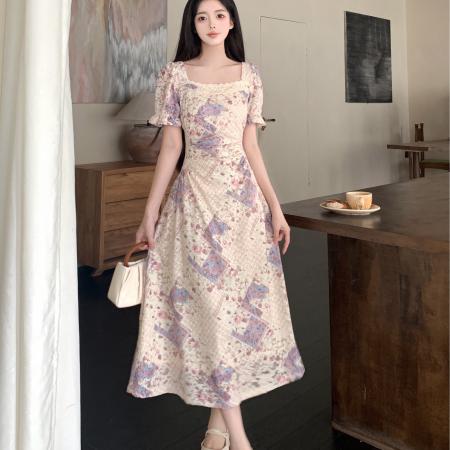 大码女装碎花蕾丝收腰连衣裙夏法式高级感轻奢长裙  服裝批發女裝批發服飾貨源