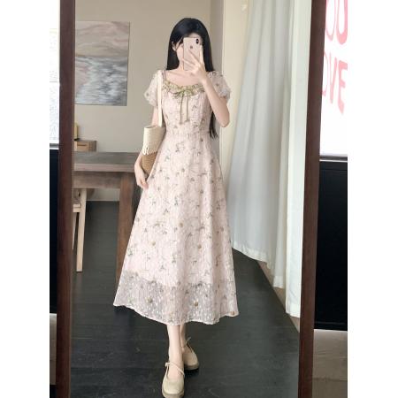 大码女装碎花连衣裙夏季新款甜美高腰方领a字长裙  服裝批發女裝批發服飾貨源