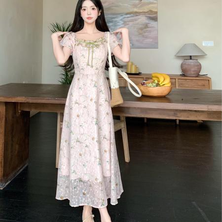 大码女装碎花连衣裙夏季新款甜美高腰方领a字长裙  服裝批發女裝批發服飾貨源