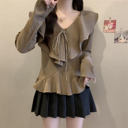 肌理感荷叶边V领显瘦遮肉百搭长袖衬衫+显瘦百褶半身裙  服裝批發女裝批發服飾貨源