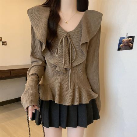 BY10971# 肌理感荷叶边V领显瘦遮肉百搭长袖衬衫+显瘦百褶半身裙  服裝批發女裝批發服飾貨源