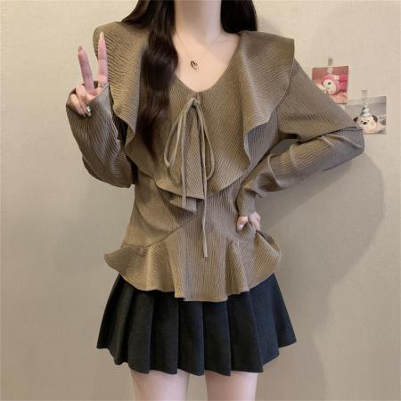 BY10971# 肌理感荷叶边V领显瘦遮肉百搭长袖衬衫+显瘦百褶半身裙  服裝批發女裝批發服飾貨源