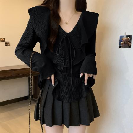 BY10971# 肌理感荷叶边V领显瘦遮肉百搭长袖衬衫+显瘦百褶半身裙  服裝批發女裝批發服飾貨源