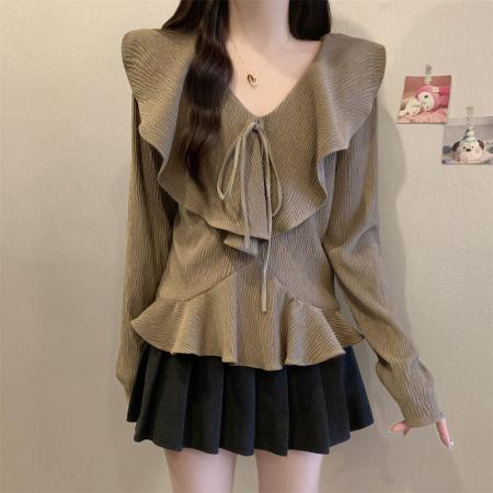 BY10971# 肌理感荷叶边V领显瘦遮肉百搭长袖衬衫+显瘦百褶半身裙  服裝批發女裝批發服飾貨源