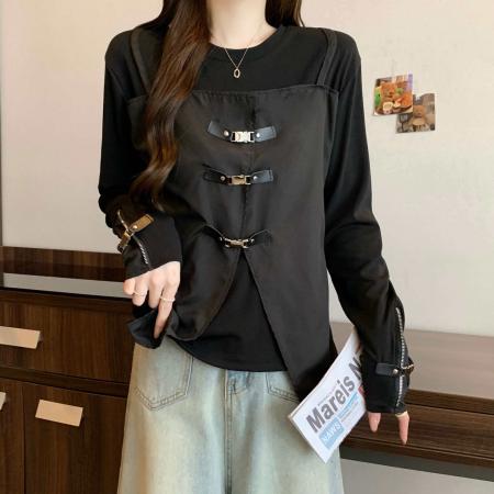 新款设计感拼接假两件长袖T恤时尚圆领金属扣装饰上衣  服裝批發女裝批發服飾貨源