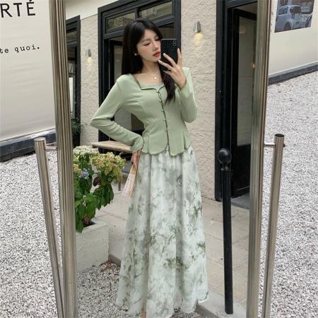 新中式薄款长袖防晒开衫+吊带+碎花半身裙女时尚三件套  服裝批發女裝批發服飾貨源