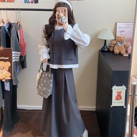 大码女装秋季新款韩版复古气质套装设计感撞色上衣+半裙  服裝批發女裝批發服飾貨源
