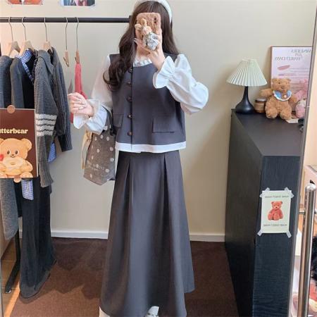 大码女装秋季新款韩版复古气质套装设计感撞色上衣+半裙  服裝批發女裝批發服飾貨源