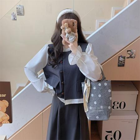 大码女装秋季新款韩版复古气质套装设计感撞色上衣+半裙  服裝批發女裝批發服飾貨源