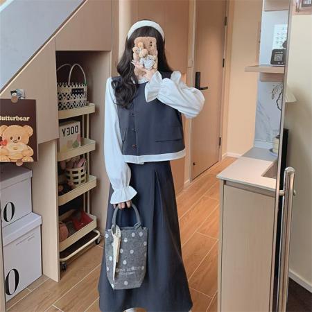 大码女装秋季新款韩版复古气质套装设计感撞色上衣+半裙  服裝批發女裝批發服飾貨源