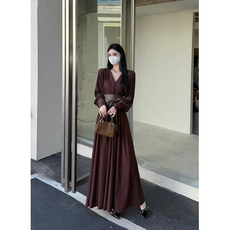 法式气质秋冬新款腰封系带收腰显瘦高级感V领大码连衣裙  服裝批發女裝批發服飾貨源