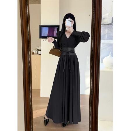 法式气质秋冬新款腰封系带收腰显瘦高级感V领大码连衣裙  服裝批發女裝批發服飾貨源