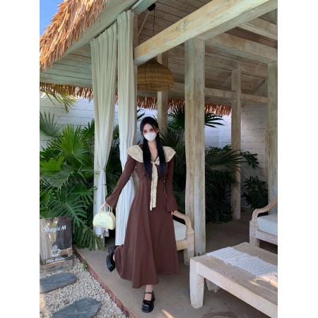 一字肩法式撞色针织连衣裙女装蕾丝a字长裙  服裝批發女裝批發服飾貨源