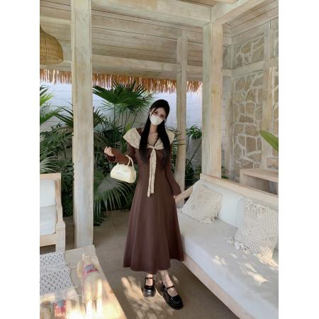 一字肩法式撞色针织连衣裙女装蕾丝a字长裙  服裝批發女裝批發服飾貨源