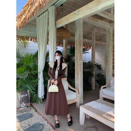 一字肩法式撞色针织连衣裙女装蕾丝a字长裙  服裝批發女裝批發服飾貨源