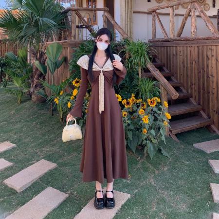 一字肩法式撞色针织连衣裙女装蕾丝a字长裙  服裝批發女裝批發服飾貨源