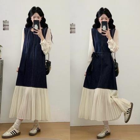 ～荷叶边雪纺拼接牛仔圆领连衣裙秋季宽松显瘦减龄直筒裙  服裝批發女裝批發服飾貨源