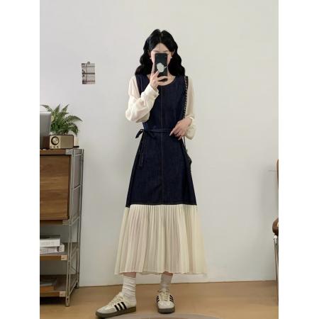 ～荷叶边雪纺拼接牛仔圆领连衣裙秋季宽松显瘦减龄直筒裙  服裝批發女裝批發服飾貨源