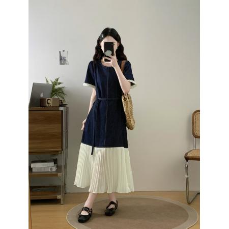 ～荷叶边雪纺拼接牛仔圆领连衣裙秋季宽松显瘦减龄直筒裙  服裝批發女裝批發服飾貨源