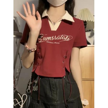 辣妹风字母刺绣短袖T恤女夏季绑带修身上衣  服裝批發女裝批發服飾貨源