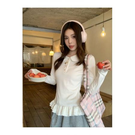 花边下摆娃娃领纽扣长袖内搭T恤女修身衣女  服裝批發女裝批發服飾貨源