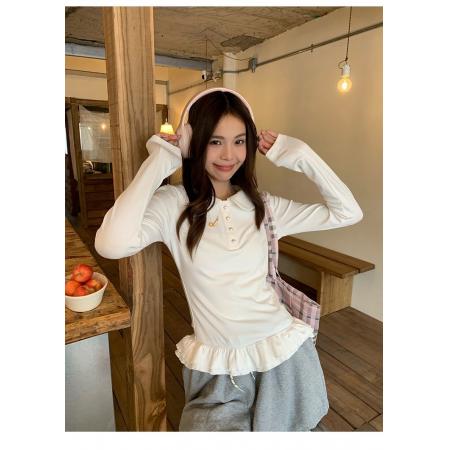 花边下摆娃娃领纽扣长袖内搭T恤女修身衣女  服裝批發女裝批發服飾貨源