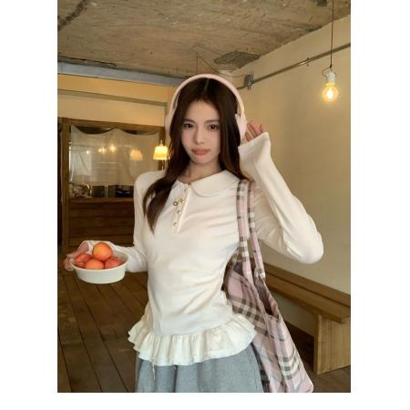 花边下摆娃娃领纽扣长袖内搭T恤女修身衣女  服裝批發女裝批發服飾貨源