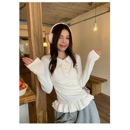 花边下摆娃娃领纽扣长袖内搭T恤女修身衣女  服裝批發女裝批發服飾貨源