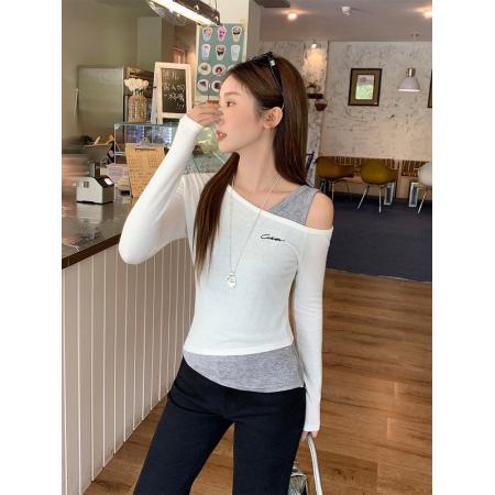 春季设计感一字肩上衣打底衫内搭绝美长袖t恤女  服裝批發女裝批發服飾貨源