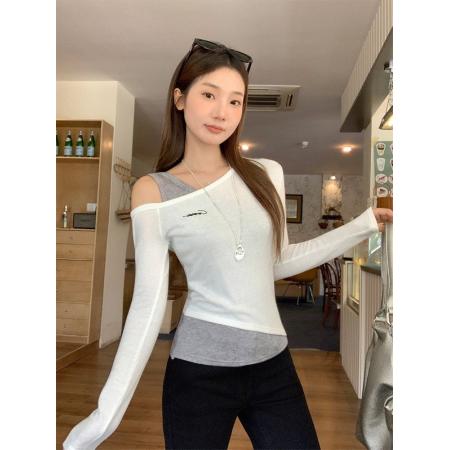 春季设计感一字肩上衣打底衫内搭绝美长袖t恤女  服裝批發女裝批發服飾貨源