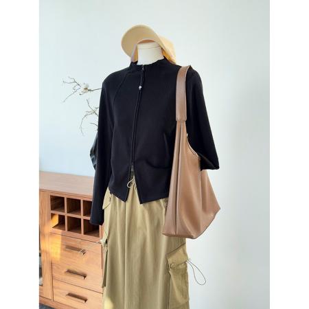 春季新款双拉链长袖T恤女内搭打底衫上衣  服裝批發女裝批發服飾貨源